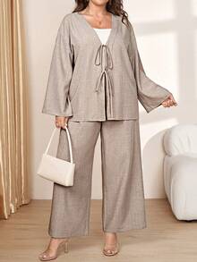 Comfylo Plus Size Casual Modest Elegant Soft Form Loose Shirt And Pants 2 Pieces Set Autumn Brunch Morning Formal Office Two Toned Grey - Khaki - View 5