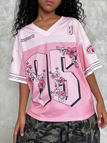 青少年女孩夏季派對/畢業/休閒/度假/街頭風/Y2K/時尚/運動風數字印花寬鬆版棒球球衣花朵粉色T恤，粉色上衣 - 粉色 - 查看 5