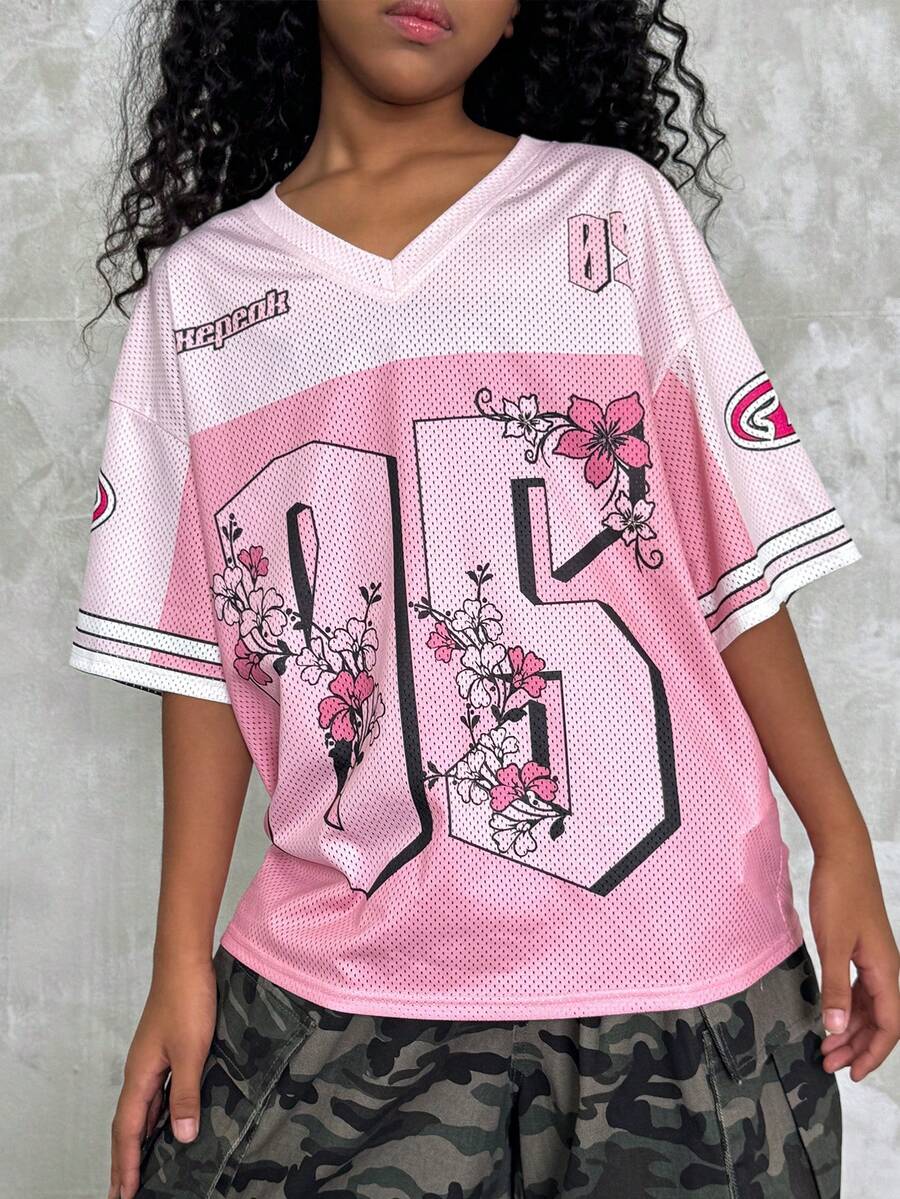 青少年女孩夏季派對/畢業/休閒/度假/街頭風/Y2K/時尚/運動風數字印花寬鬆版棒球球衣花朵粉色T恤,粉色上衣 - 粉色 - 查看 1