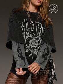 BAD SUNDAY Women's All-Season Print Distressed 2 In 1 Crew Neck Long Sleeve T-Shirt, Y2K Vintage Graphic Grunge Concert Dark Grey Brown Zebra Print Fall - Black - View 3
