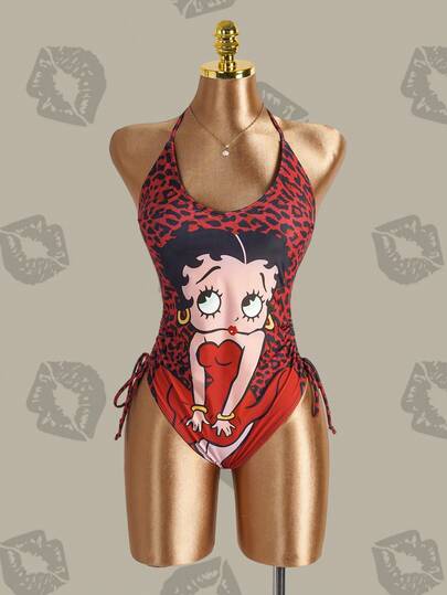 Betty Boop x SHEIN Women's Leopard Print Betty Side Tie Halter One-Piece Swimsuit