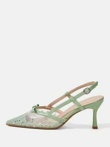 CUCCOO HITCHD French Lace Pointed Toe Slingback High Heels 2026 Spring And Summer New Bow Kitten Heel Sandals Women - Light green - View 3