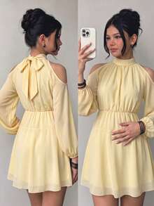 Teen Girl Sweet Solid Color Cold Shoulder Ruched Halter Neck Dress, Bodycon, Glow, Lantern, Square, Midi - Yellow - View 1