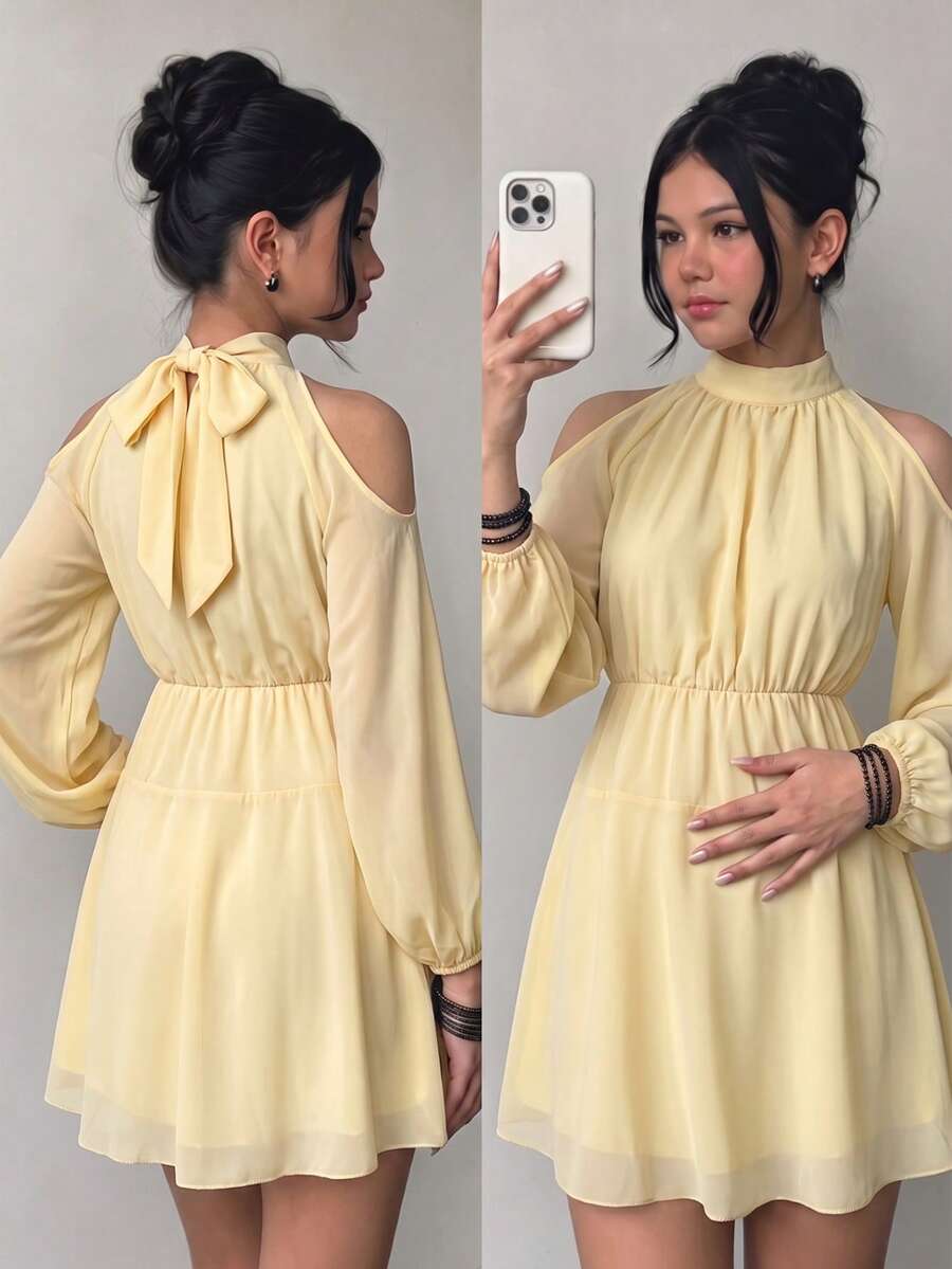 Teen Girl Sweet Solid Color Cold Shoulder Ruched Halter Neck Dress, Bodycon, Glow, Lantern, Square, Midi - Yellow - View 1