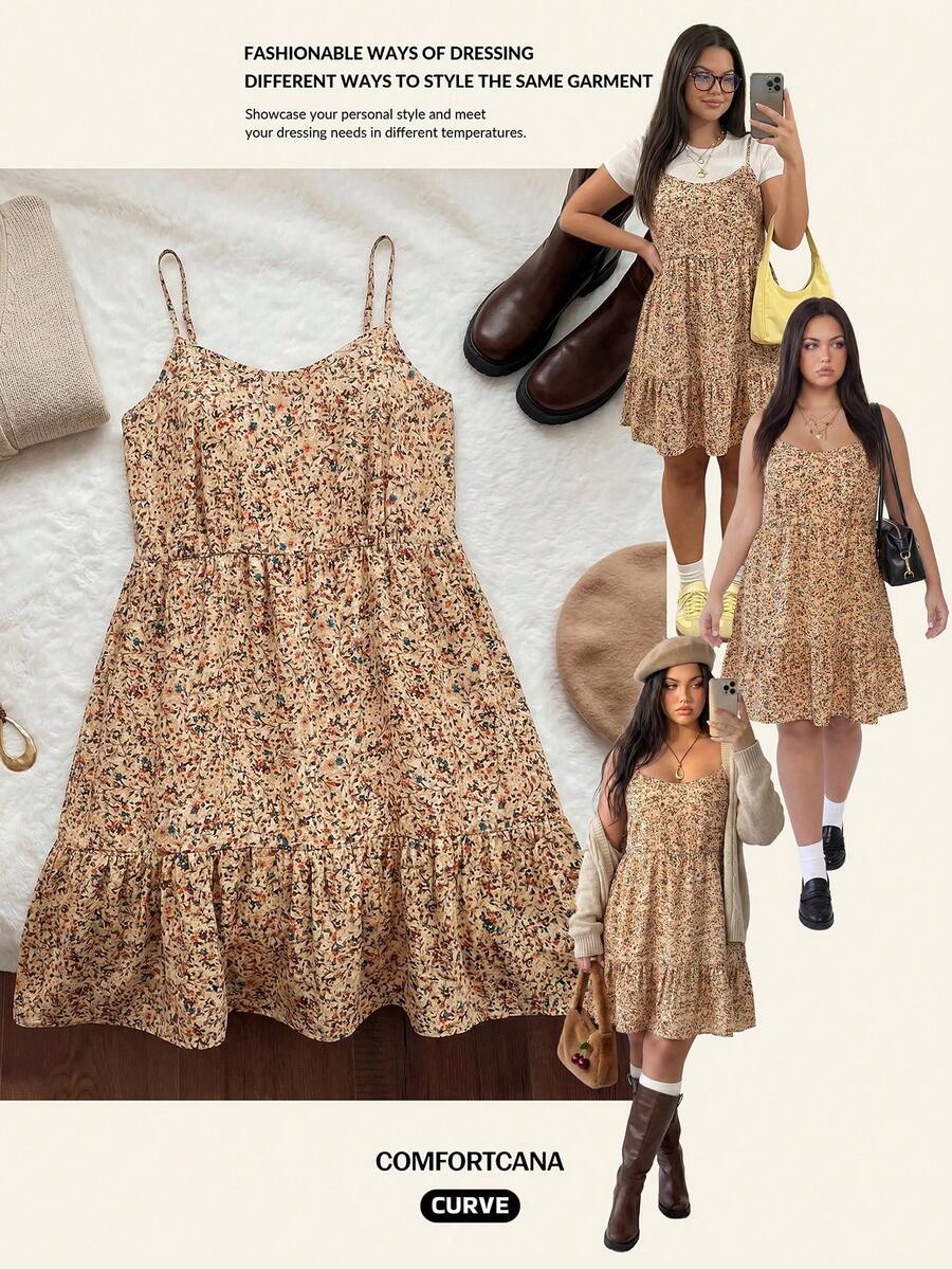 Comfortcana Summer Spaghetti Strap Backless Plus Size Black & White Dress - Brown - View 1