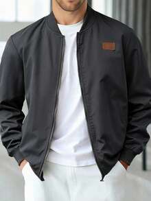 Manfinity Homme 男士牛仔拉鍊棒球領休閒百搭日常旅行長袖夾克 - 深灰色 - 查看 1