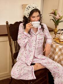 Tulorae Floral Print Contrast Piping PJ Set Light Pink Pajama Set Pink Floral Pajama Set Floral Pj Set Vintage Pajama Set , Fall Winter Clothes - Pink - View 5