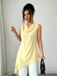 Elenzga Women's Sleeveless Cover Up With Draped Neckline And Lace Hem Splice Design, Elegant Vintage Style, Suitable For Commuting, Graduation Ceremony, Holiday Celebration, Music Festival, Mother's Day, Graduation Ball, Dating, Party, Wedding Season And Outdoor Activities, Asymmetrical Top, Asymmetrical Cover Up, Black Top, Women's Asymmetrical Cover Up, Lace Decor Top, Women's Top, Elegant Sleeveless Top - Light Yellow - View 4