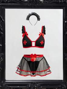Spicy Aura 女款性感護士角色扮演服裝 4 件套 - 黑色 - 查看 5