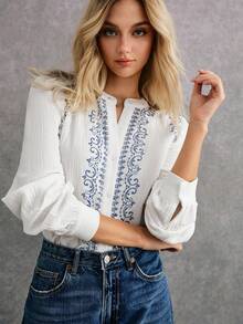 Poéselle Women Elegant Floral Print Puff Sleeve Single Breasted Blouse, Boho Vintage White And Blue Floral Long Style Women's Autumn Western Tops Shirts - White - View 6