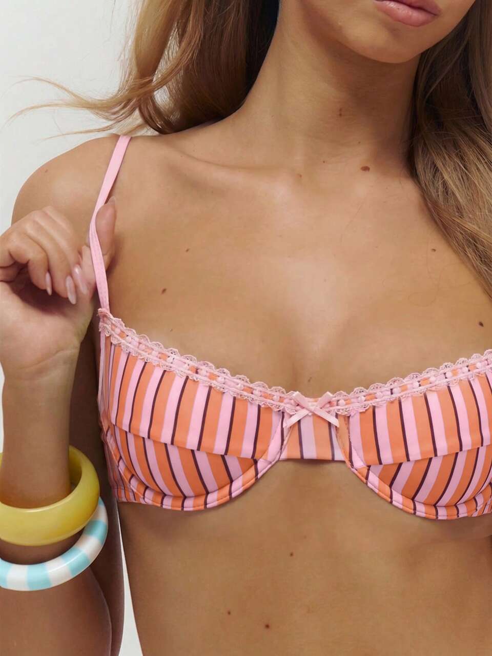 Lace Trim Bow Detail Stripe Bikini Top Only Summer Swim Beach Vacation Everyday Sexy Cute Bambola