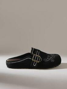 Solecia Women's Shoes Four Seasons Retro Embroidery Buckle Round Toe Flat Heel Thick Sole Suede Closed Toe Daily Casual Shoes - Black - View 2