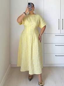 SHEIN Tall CURVE Plus Size Women's Cream Yellow Elegant Romantic Jacquard Waist-Cinched Long Dress, Summer Party Vacation - Yellow - View 4