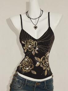 SHEIN ICON Y2K夏季女士外出复古波西米亚风度假闪亮亮片刺绣吊带背心 - 黑色和金色 - 查看 4