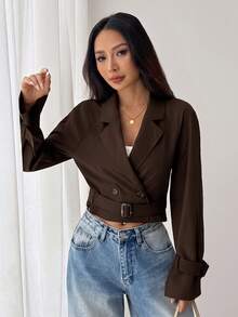 SHEIN PETITE 女款卡其色短款休閒寬鬆夾克附腰帶，秋季夾克，秋季服飾，度假女裝，返校季 - 棕色 - 查看 6