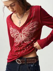 Bohemela Women's Butterfly Pattern Casual Grunge Versatile Daily Wear T-Shirt Everyday Dark Red Summer - Blue - View 5