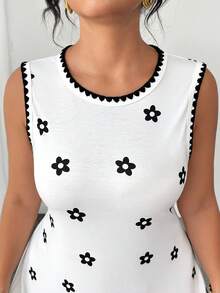SHEIN Clasi Plus Size Women's Floral Print Round Neck Sleeveless Casual Cute Elegant Dress Brunch Dates White Summer - Black and White - View 5