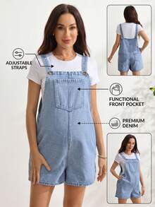 SHEIN Maternity Casual Denim Overall Shorts With Pocket Design - Medium Wash - View 8
