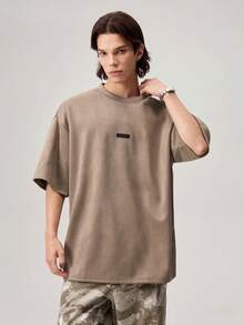 Men's Street Style Air Layer Suede Flocked Loose Dropped Shoulder Round Neck Short Sleeve T-Shirt, 2000s Style - Brown - View 6