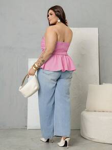 Bibi Tomais Plus Size Women Striped Bandeau Tight Fitted Cropped Top Summer - Hot Pink - View 4