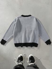 Manfinity Roughcore Suéter casual de uso diario para hombre con cuello redondo, gráfico de letras y bloques de color - Gris Oscuro - Ver 2
