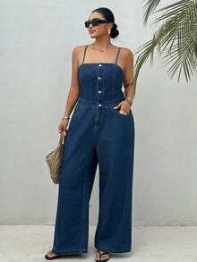Dazy Plus Dark Wash Blue Stylish Western Denim Strapless Sleeveless Jumpsuit Spring Summer Vacation Style Casual Plus Size Women - Dark Wash - View 3
