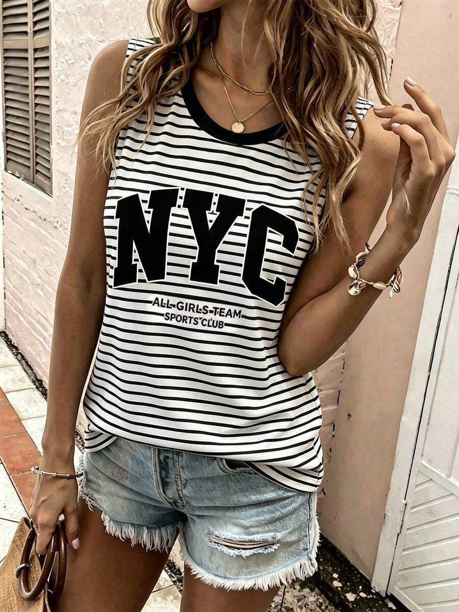 大尺碼美式復古 NYC 字母條紋印花寬鬆無袖圓領背心上衣,適合女性日常休閒街頭穿搭與運動 - 彩色 - 查看 1