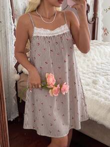 CottageSlumber Camisón romántico y fresco para mujer con tirantes finos, encaje bordado, mangas abullonadas, volantes y fruncido - Marrón - Ver 5