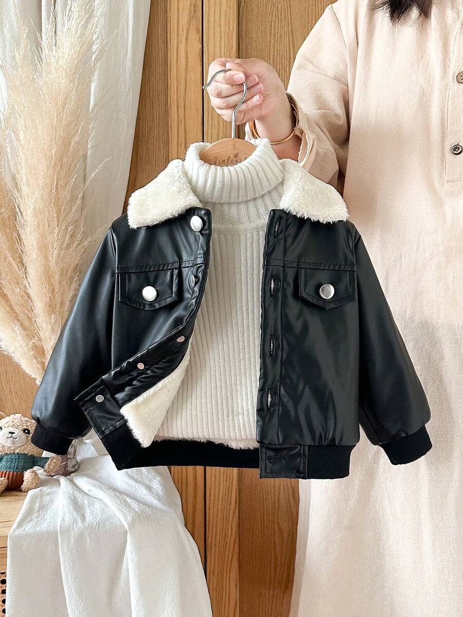 SHEIN Vintaside Kids 男嬰男童秋冬長袖翻領寬鬆皮革夾克外套,適合外出度假上學,黑白配色 - 黑色 - 查看 1