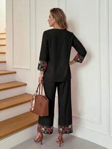 Miaspire 女款度假時尚刺繡V領襯衫與休閒優雅奶奶長褲套裝，適合新娘母親、新郎母親、婚禮、家庭生日 - 黑色 - 查看 3