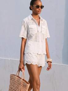 Maija Women's White Eyelet Embroidery Hollow Design Shirt & Shorts 2-Piece Set, Casual Elegant Summer Holiday Vacation Outfits Holiday Style - White - View 6
