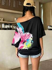 Jouncy 女士露肩印花休闲百搭日常穿搭T恤 - 黑色 - 查看 2
