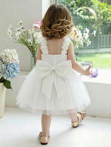 Glamorique Kids 女童花朵肩帶露背網紗公主裙，花童生日派對禮服，嬰兒女寶寶蕾絲秋季洋裝 - 白色 - 查看 7