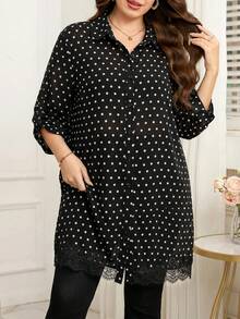 Reflora Plus Size French Fashion Polka Dot Print Lace Patchwork Button Shirt - Black and White - View 3