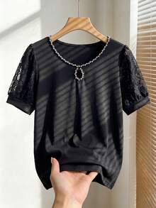 Rusticease Middle-Aged Women's Rhinestone Decorated Contrast Lace Short Sleeve T-Shirt - Black - View 1