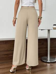 Easowa Asymmetrical Waistband Button Detail, Pleated Waist, Wide Leg High Waist Long Pants, Casual Elegant Autumn Women's Office Bar Party Khaki - Khaki - View 2