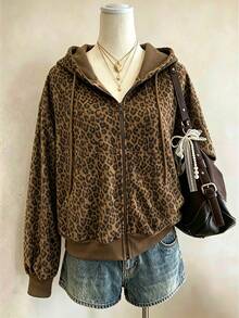 Lalippa Sweatshirt Wanita Minimalis Berkerudung dengan Resleting Motif Leopard Digital Print, Hadiah untuk Teman - Dark Grey - View 1
