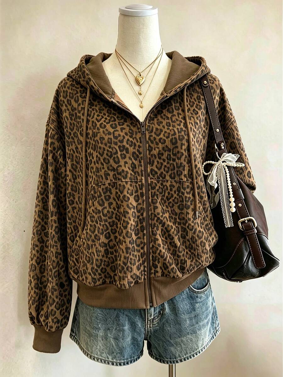 Lalippa Sweatshirt Wanita Minimalis Berkerudung dengan Resleting Motif Leopard Digital Print, Hadiah untuk Teman - Dark Grey - View 1