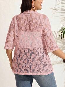 SHEIN LUNE 大尺碼女款蕾絲休閒百搭日常外出開襟衫 - 藕粉色 - 查看 2