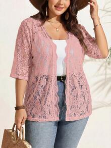 SHEIN LUNE 大尺碼女款蕾絲休閒百搭日常外出開襟衫 - 藕粉色 - 查看 5