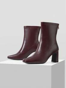 Mnmlis Autumn And Winter New Square Toe Thick Heel Ankle Boots, Versatile Commuting Thin Boots Soft Leather Comfortable Thick Heel Not Tired Feet, French Te Fall Shoes - Burgundy - View 2