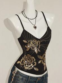 SHEIN ICON Y2K夏季女士外出复古波西米亚风度假闪亮亮片刺绣吊带背心 - 黑色和金色 - 查看 8