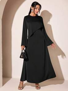 Veilorie Gaun Minimalis Lengan Panjang Warna Polos untuk Wanita, Cocok untuk Kencan dan Liburan - Hitam - View 6
