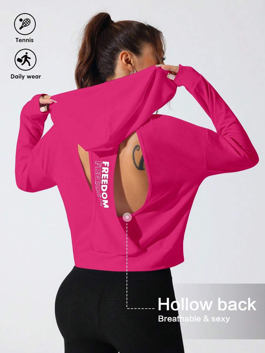 SHEIN Sovereign Charm 女款字母印花露背連帽衛衣 - 玫紅色 - 查看 1