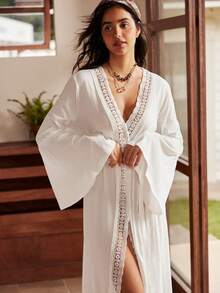 Lullawish Jubah Panjang Rajut Katun Kasual Gaya Bohemian untuk Liburan Wanita - Putih - View 7