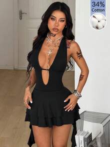 Coolane 女款春夏演唱會穿搭街頭風 Y2K 約會之夜夜店外訪性感露背深V領迷你洋裝 萬聖節黑色 - 黑色 - 查看 2