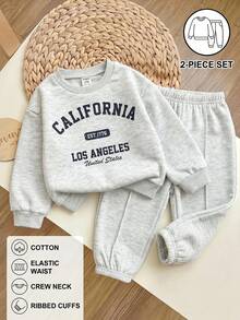 SHEIN LMoss Kids 2件套女婴针织纯色字母图案宽松圆领卫衣和打底裤套装 - 淺灰色 - 查看 3
