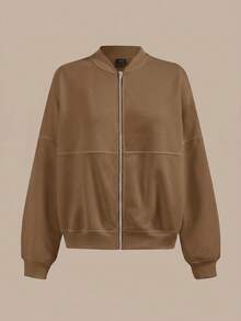 SHEIN BASICS Chaqueta holgada de punto de unicolor con cuello alto y manga larga para mujer, ropa de otoño e invierno - Café integral - Ver 3