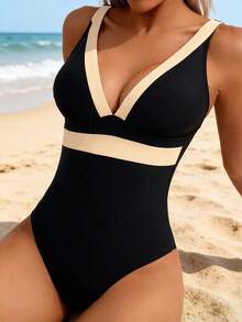 Swim Basics 女士V领撞色连体泳衣，休闲舒适，适合度假游泳 - 彩色 - 查看 5