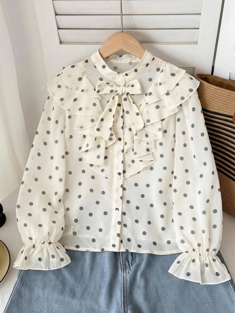 SHEIN Tween女孩純色黑白波點優雅可愛精緻復古風立領荷葉邊鈕扣喇叭袖襯衫校園秋季 - 彩色 - 查看 1